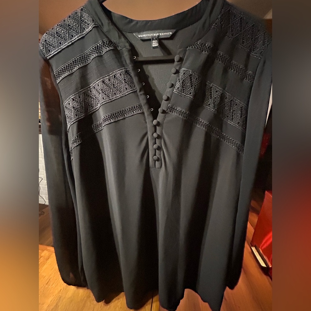 White House Black Market Black Embroidered V-Neck Tunic with Button Placket